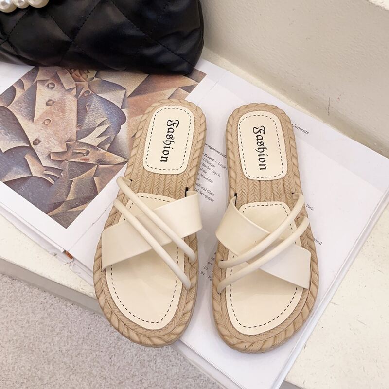 

Criss Cross Strap Slide Sandals, Beige