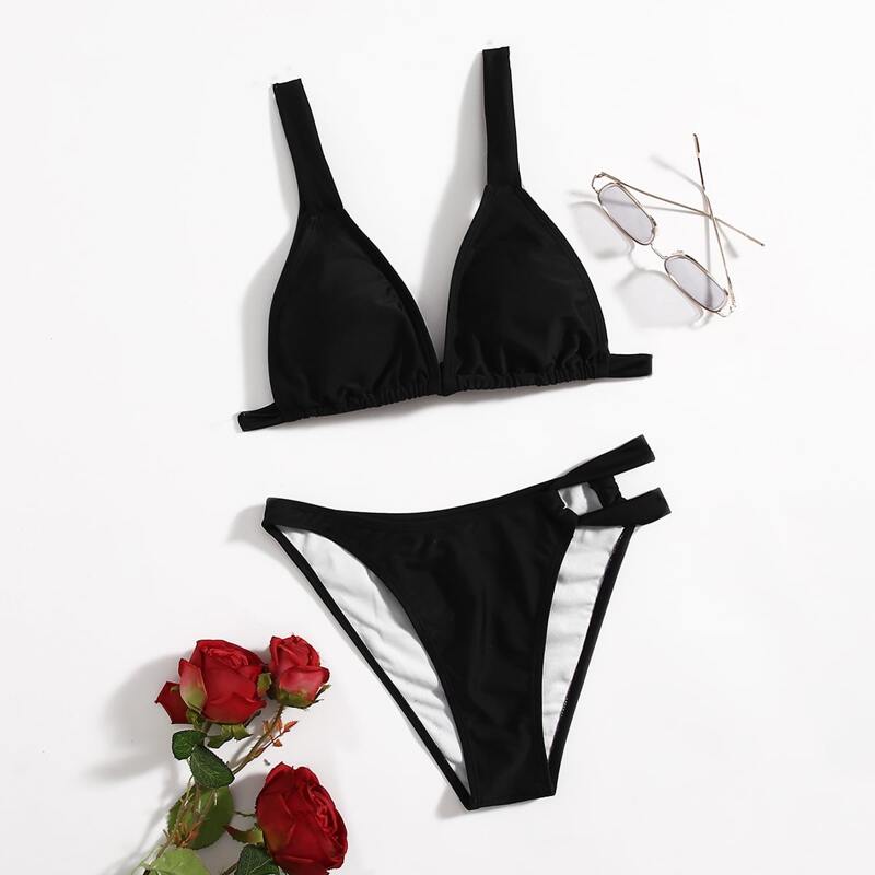 

Solid Cut Out Bikini Swimsuit, Black