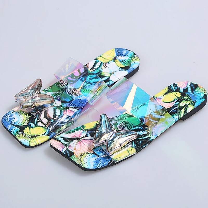 

Rhinestone Butterfly Holographic Slide Sandals, Blue