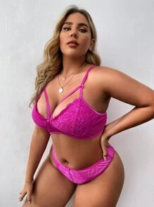 Plus Lace Harness Lingerie Set - Hot Pink - View 3