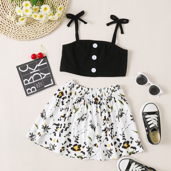 

Toddler Girls Crop Cami Top & Plants Skirt, Black and white