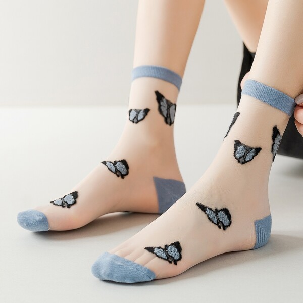 

Butterfly Pattern Crew Socks, Blue