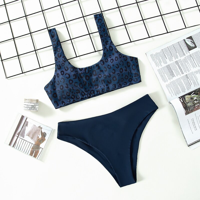 

Leopard Scoop Neck Bikini Swimsuit, Navy blue