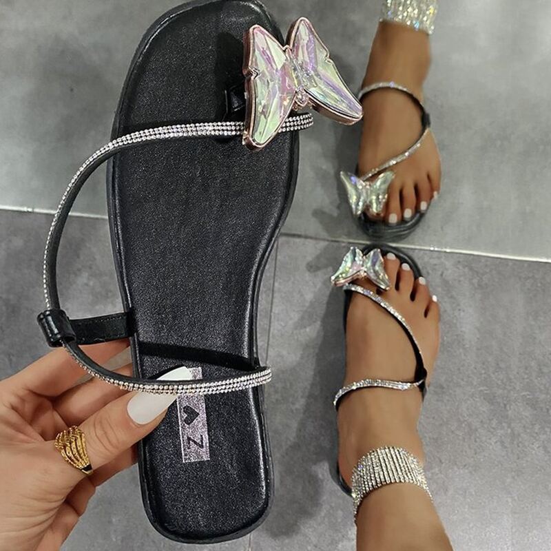 

Butterfly Toe Post Rhinestone Strap Slide Sandals, Black