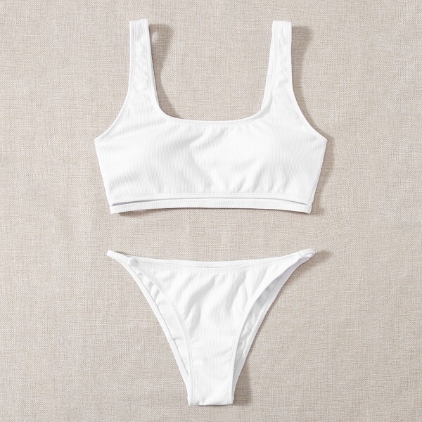 

Solid Square Neck Bikini Swimsuit, White