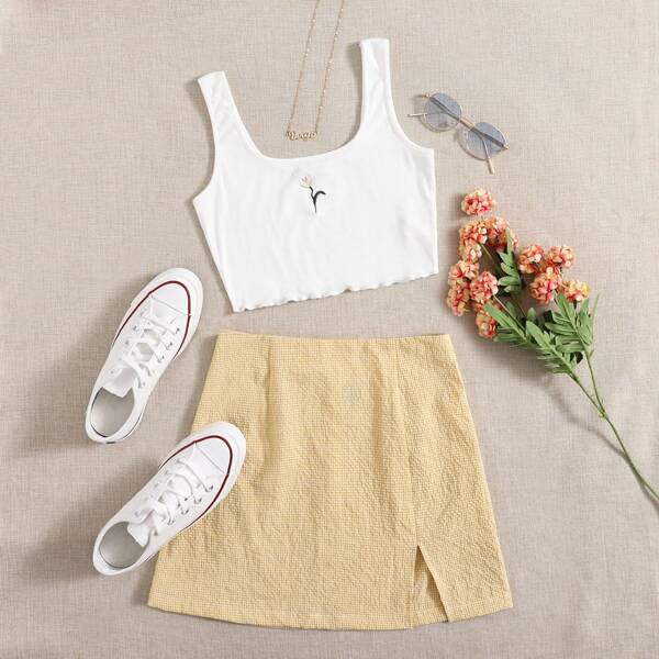 

Floral Embroidered Rib-knit Tank Top & Gingham Split Hem Skirt Set, Yellow
