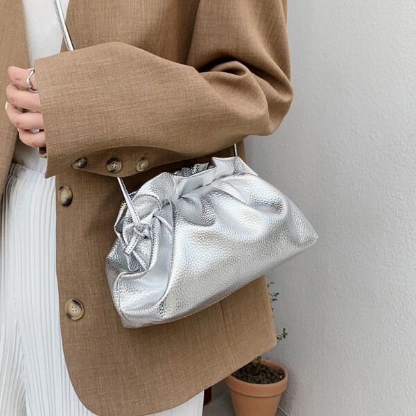 

Minimalist Drawstring Ruched Crossbody Bag, Silver
