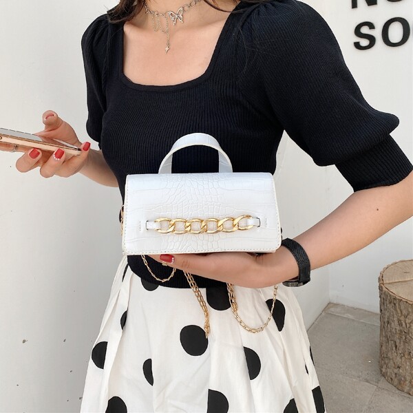 

Chain Decor Croc Embossed Chain Satchel Bag, White