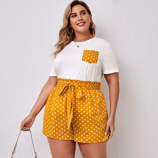 

Plus Pocket Front Top & Paperbag Waist Polka Dot Shorts Set, Multicolor