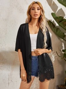 SHEIN Drop Shoulder Laser Cut Hem Kimono, For Summer Beach Vacation - Black - View 1