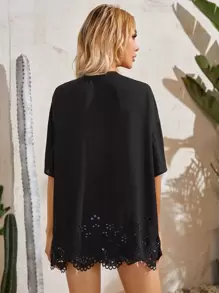 SHEIN Drop Shoulder Laser Cut Hem Kimono, For Summer Beach Vacation - Black - View 2