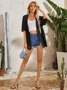 SHEIN Drop Shoulder Laser Cut Hem Kimono, For Summer Beach Vacation - Black - View 4