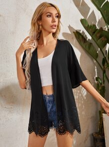 SHEIN Drop Shoulder Laser Cut Hem Kimono, For Summer Beach Vacation - Black - View 5