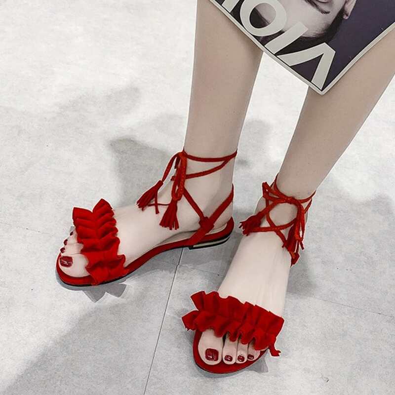 

Ruffle Strap Tie Leg Sandals, Red