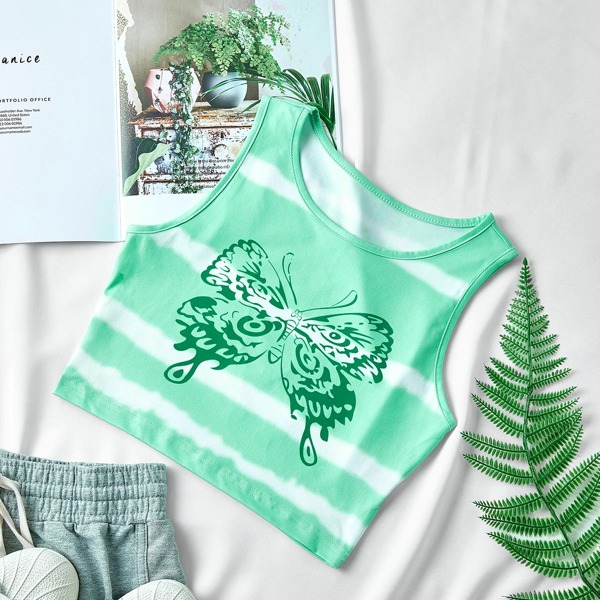 

Tie Dye & Butterfly Print Tank Crop Top, Mint green