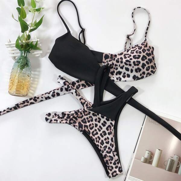 

Leopard Print Criss Cross Bikini Swimsuit, Black