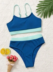 Tween Girl Contrast Binding Bikini Set Summer Beach - Multicolor - View 1