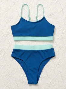 Tween Girl Contrast Binding Bikini Set Summer Beach - Multicolor - View 4