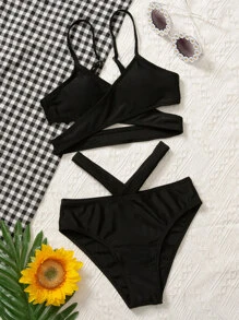 Tween Girl 纯色十字交叉镂空比基尼套装 夏日海滩 - 黑色 - 查看 1