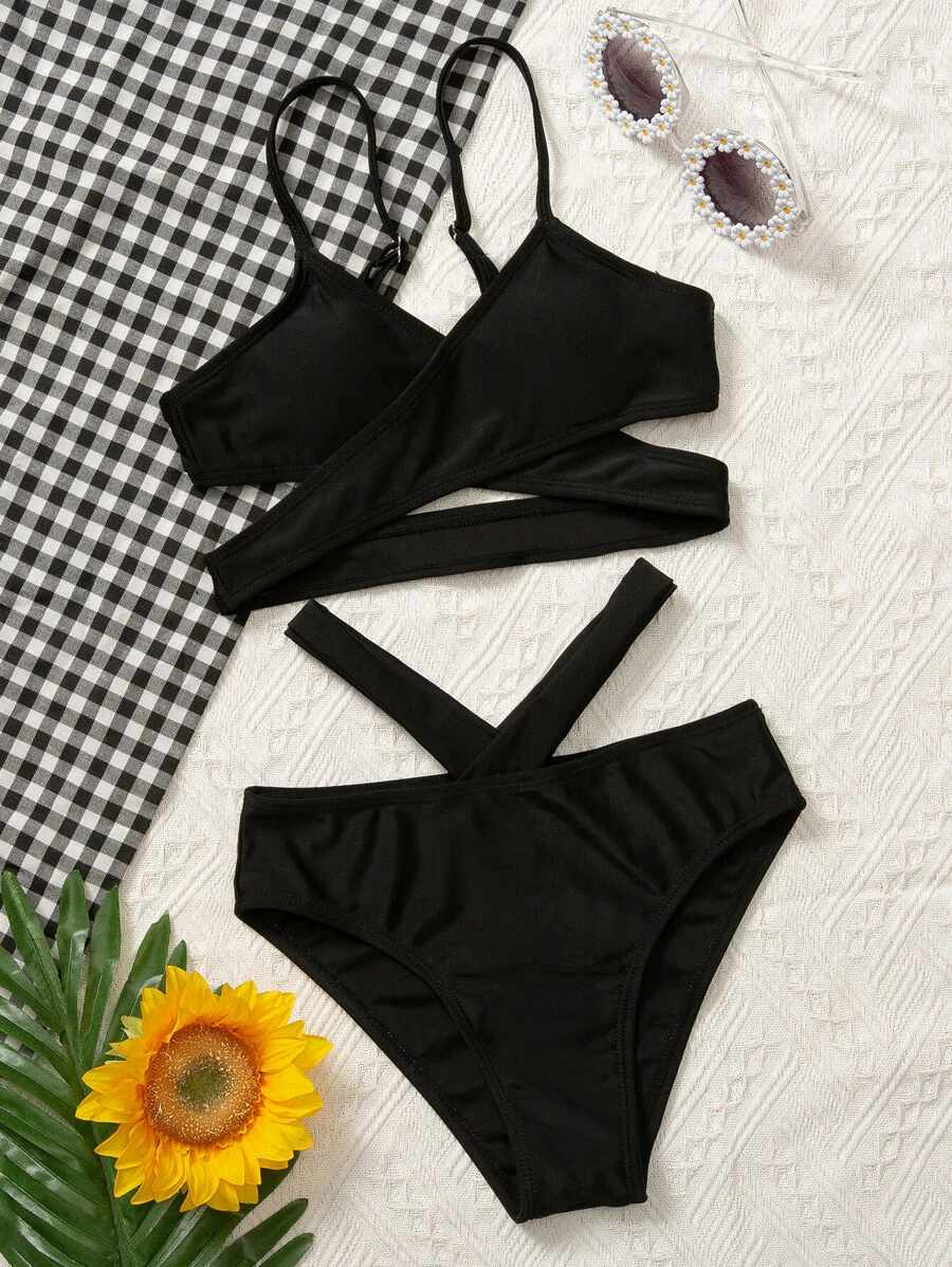 Tween Girl 纯色十字交叉镂空比基尼套装 夏日海滩 - 黑色 - 查看 1