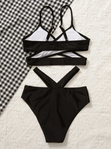 Tween Girl 纯色十字交叉镂空比基尼套装 夏日海滩 - 黑色 - 查看 2