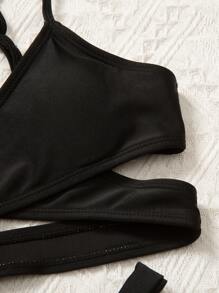 Tween Girl 纯色十字交叉镂空比基尼套装 夏日海滩 - 黑色 - 查看 3