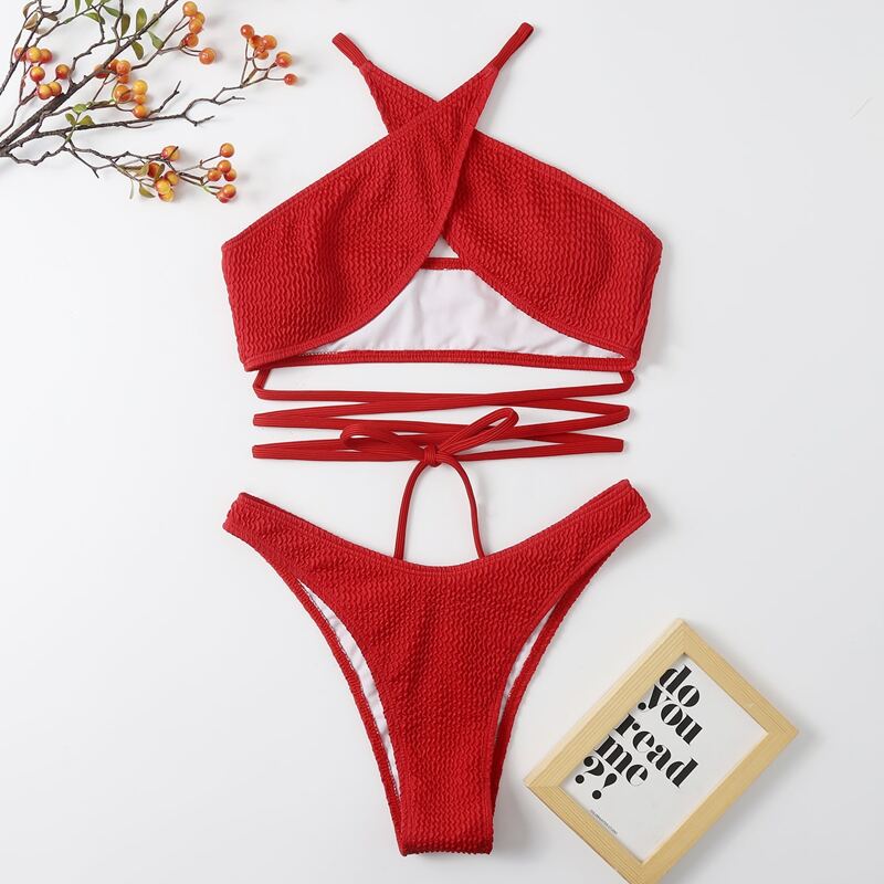 

Textured Criss Cross Bikini Swimsuit, Red