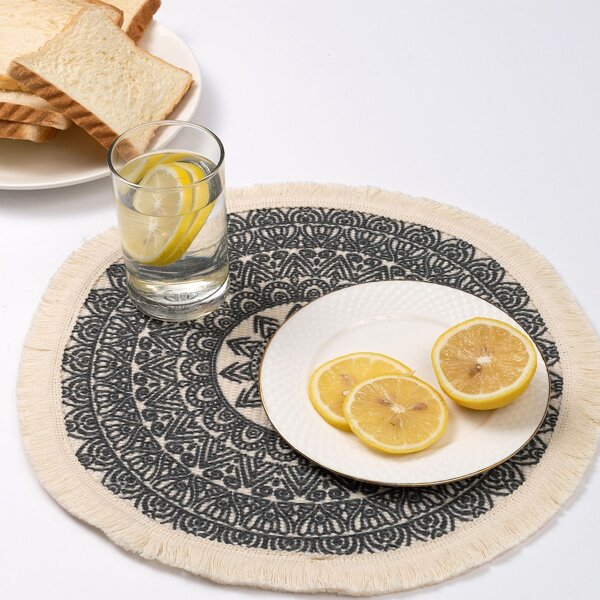 

Mandala Print Round Placemat, Black