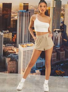 SHEIN EZwear Drawstring High-Rise Dolphin Shorts - Khaki - View 3