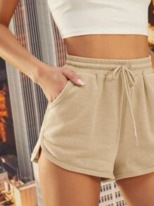 SHEIN EZwear Drawstring High-Rise Dolphin Shorts - Khaki - View 5