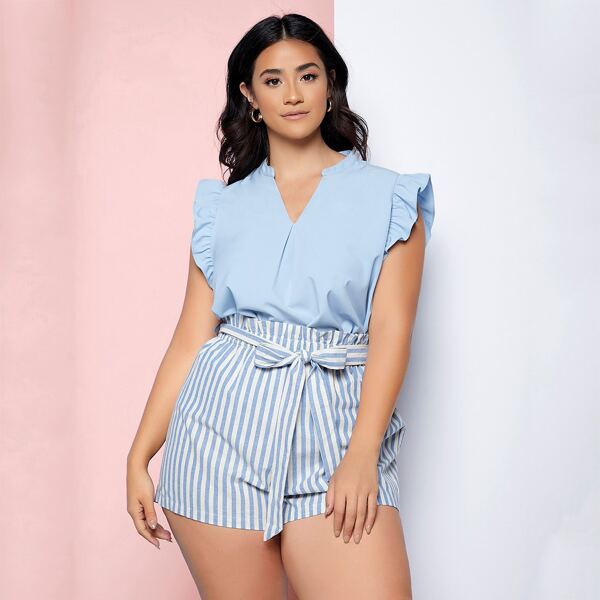 

Plus Notched Neck Ruffle Trim Top, Baby blue
