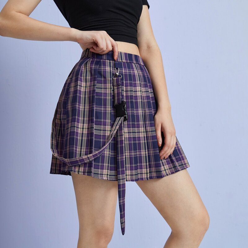 

Plaid Pleated Skirt With Tape, Multicolor