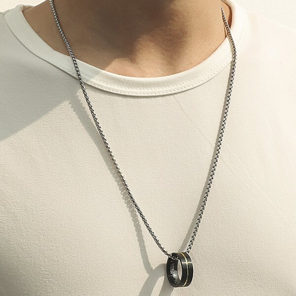 

Men Ring Charm Necklace, Black