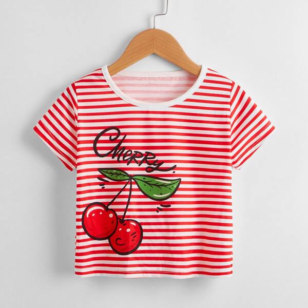 

Toddler Girls Cherry And Striped Tee, Red