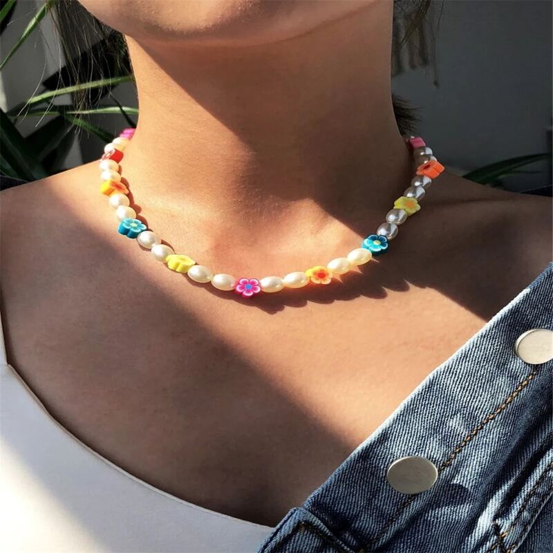 

Flower & Faux Pearl Beaded Necklace, Multicolor