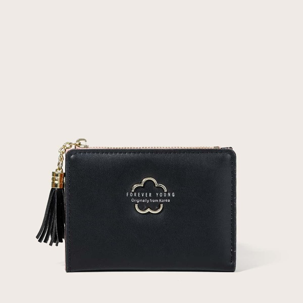 

Letter Graphic Tassel Decor Small Wallet, Black