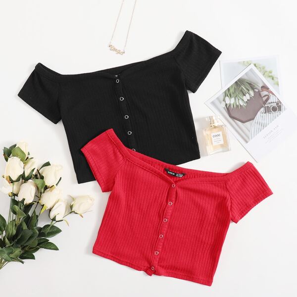 

2 Pack Off Shoulder Buttoned Front Top, Multicolor