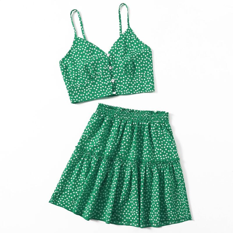 

Ditsy Floral Button Front Cami & Skirt, Green