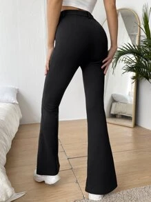 SHEIN EZwear 休闲黑色开叉下摆紧身喇叭裤 - 黑色 - 查看 2