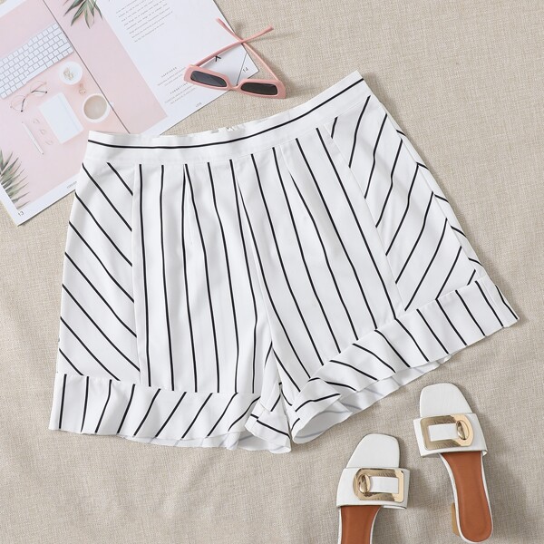 

Plus Striped Ruffle Hem Shorts, White