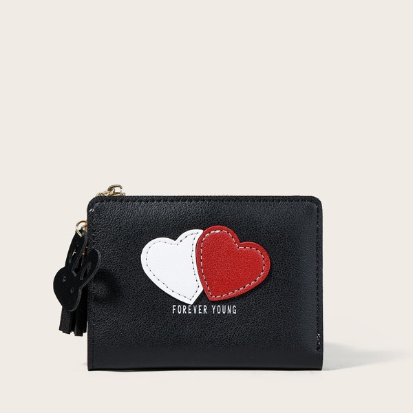 

Heart Graphic Tassel Decor Small Wallet, Black