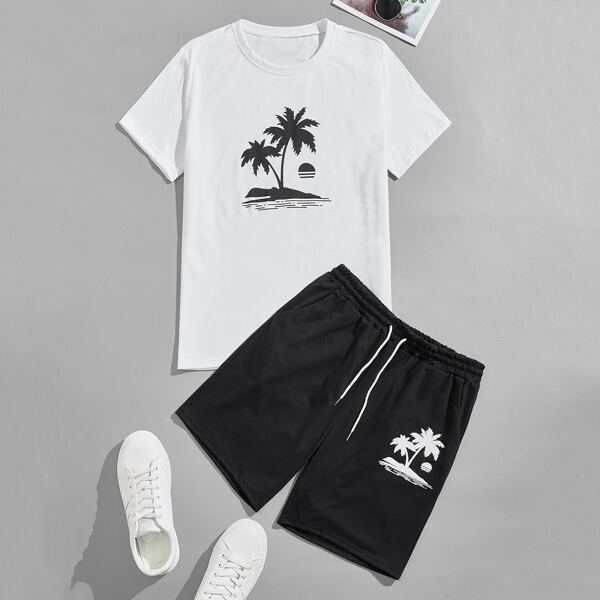 

Men Tropical Print Tee & Drawstring Waist Track Shorts, Black and white