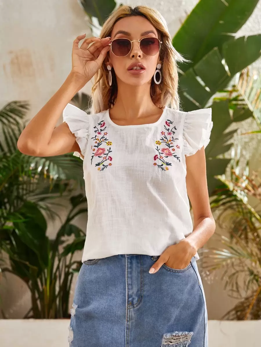 SHEIN VCAY Ruffle Trim Floral Embroidery Top - White - View 1
