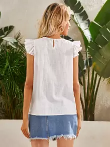 SHEIN VCAY Ruffle Trim Floral Embroidery Top - White - View 2