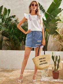 SHEIN VCAY Ruffle Trim Floral Embroidery Top - White - View 3