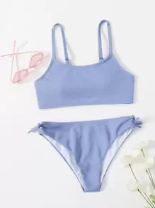 Tween Girl Tie Side Bikini Set Summer Beach - Blue - View 1