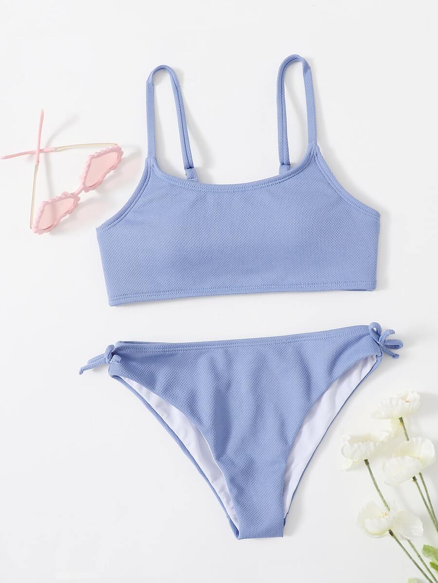 Tween Girl Tie Side Bikini Set Summer Beach - Blue - View 1