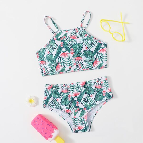 

Girls Tropical Print Bikini Swimsuit, Multicolor