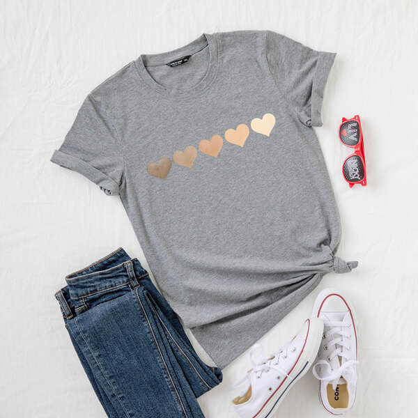 

Plus Heart Print Crew Neck Tee, Grey
