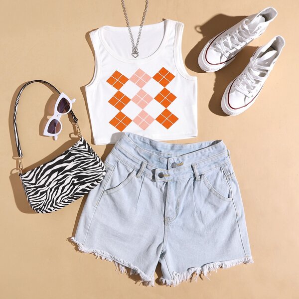 

Argyle Print Rib-knit Tank Crop Top, White